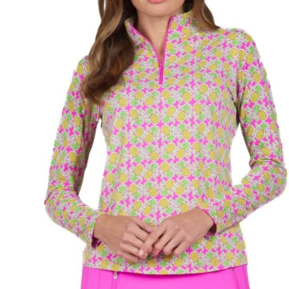 IBKUL Chantal Print Long Sleeve Mock Neck Golf Pineapple Print Quarter-Zip Top